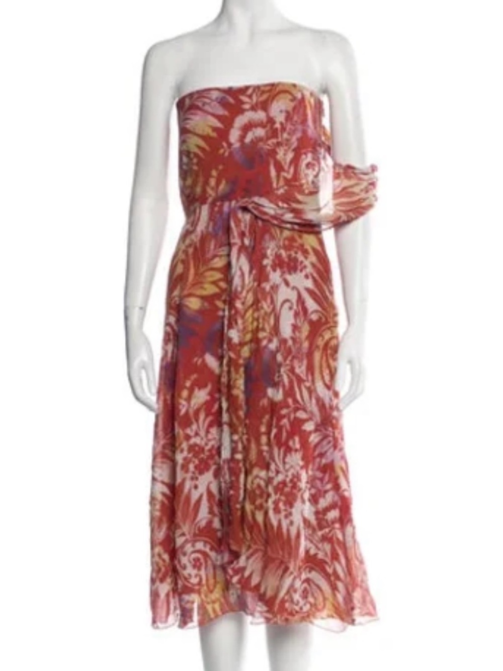 Ralph Lauren Purple Label Red Multicolor Floral Paisley Strapless Midi Dress